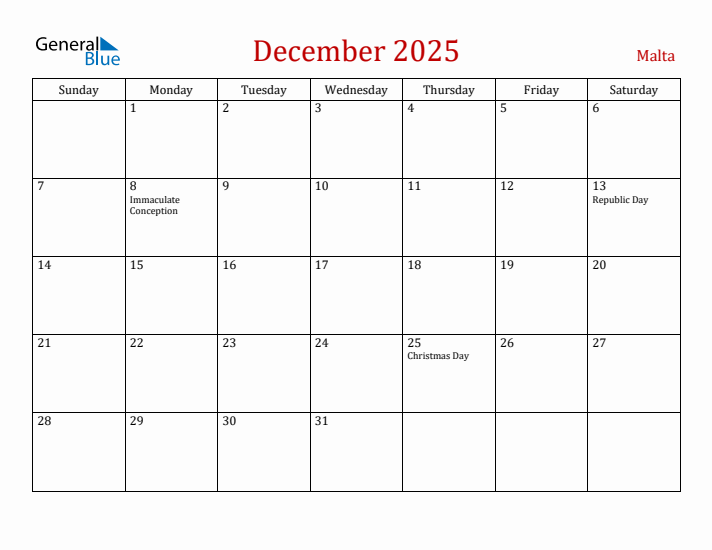 Malta December 2025 Calendar - Sunday Start