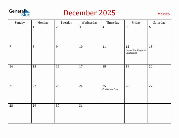 Mexico December 2025 Calendar - Sunday Start