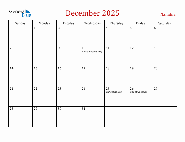 Namibia December 2025 Calendar - Sunday Start