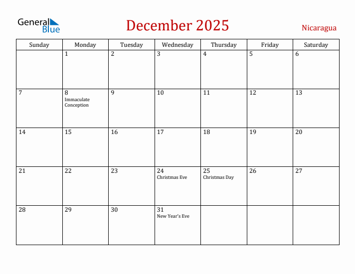 Nicaragua December 2025 Calendar - Sunday Start