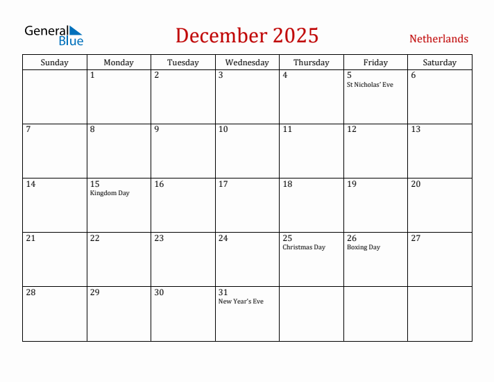 The Netherlands December 2025 Calendar - Sunday Start