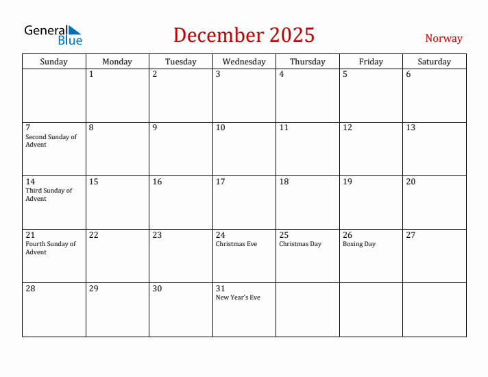 Norway December 2025 Calendar - Sunday Start