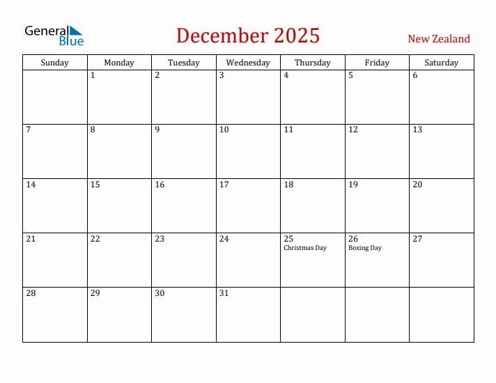 New Zealand December 2025 Calendar - Sunday Start