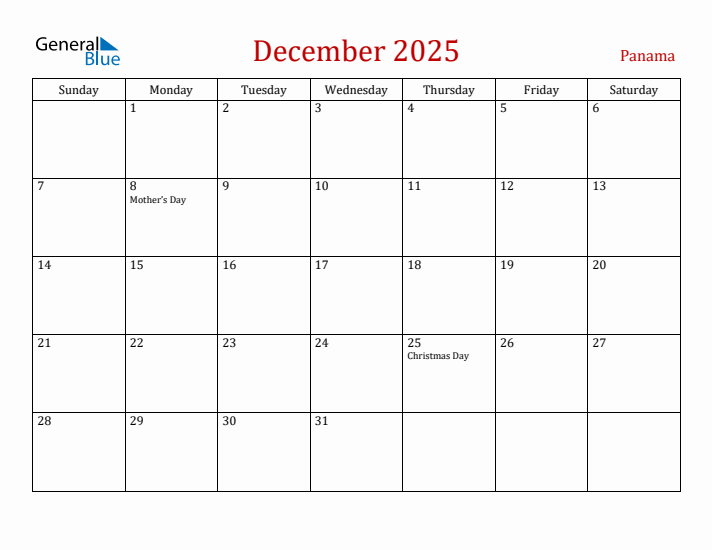 Panama December 2025 Calendar - Sunday Start