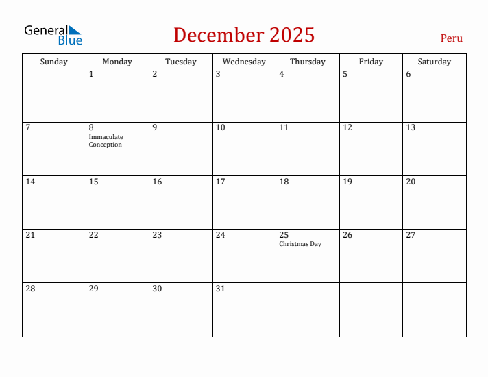 Peru December 2025 Calendar - Sunday Start