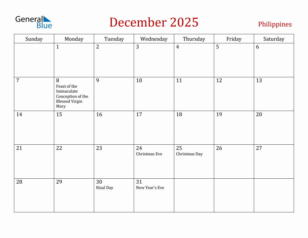 December 2025 Philippines Monthly Calendar with Holidays