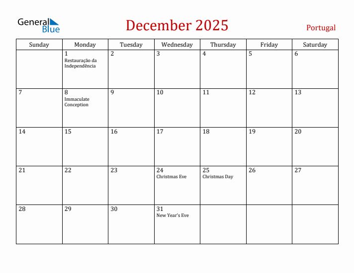 Portugal December 2025 Calendar - Sunday Start