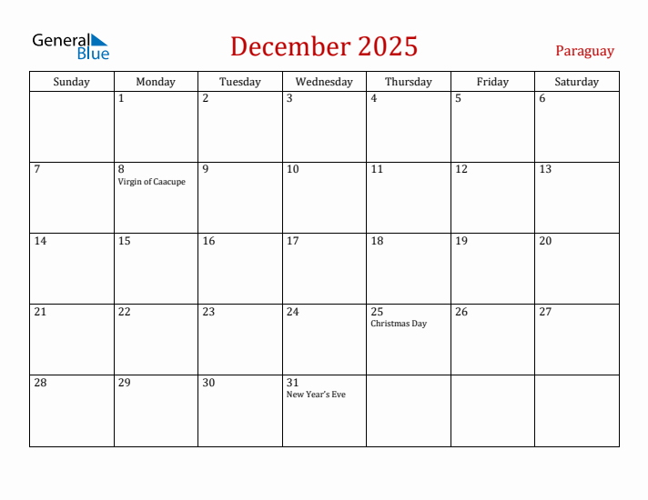 Paraguay December 2025 Calendar - Sunday Start
