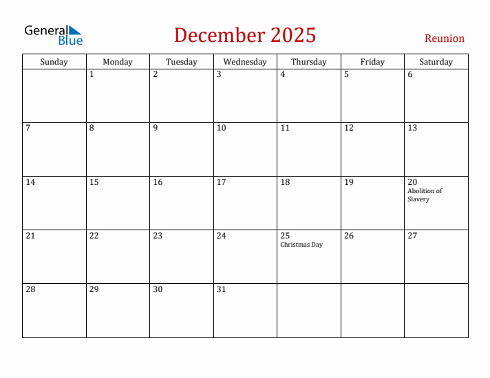Reunion December 2025 Calendar - Sunday Start