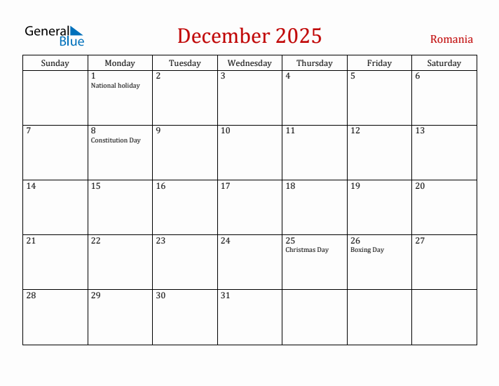 Romania December 2025 Calendar - Sunday Start
