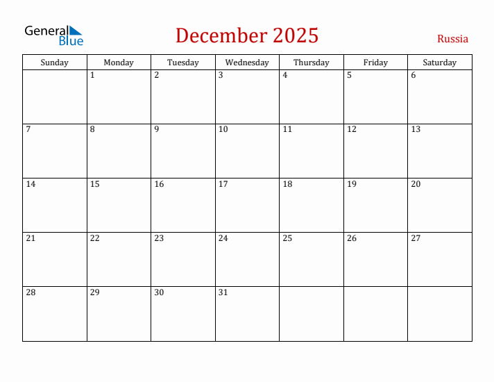 Russia December 2025 Calendar - Sunday Start