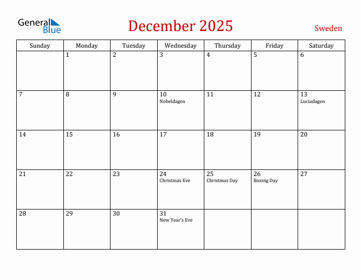 Sweden December 2025 Calendar - Sunday Start