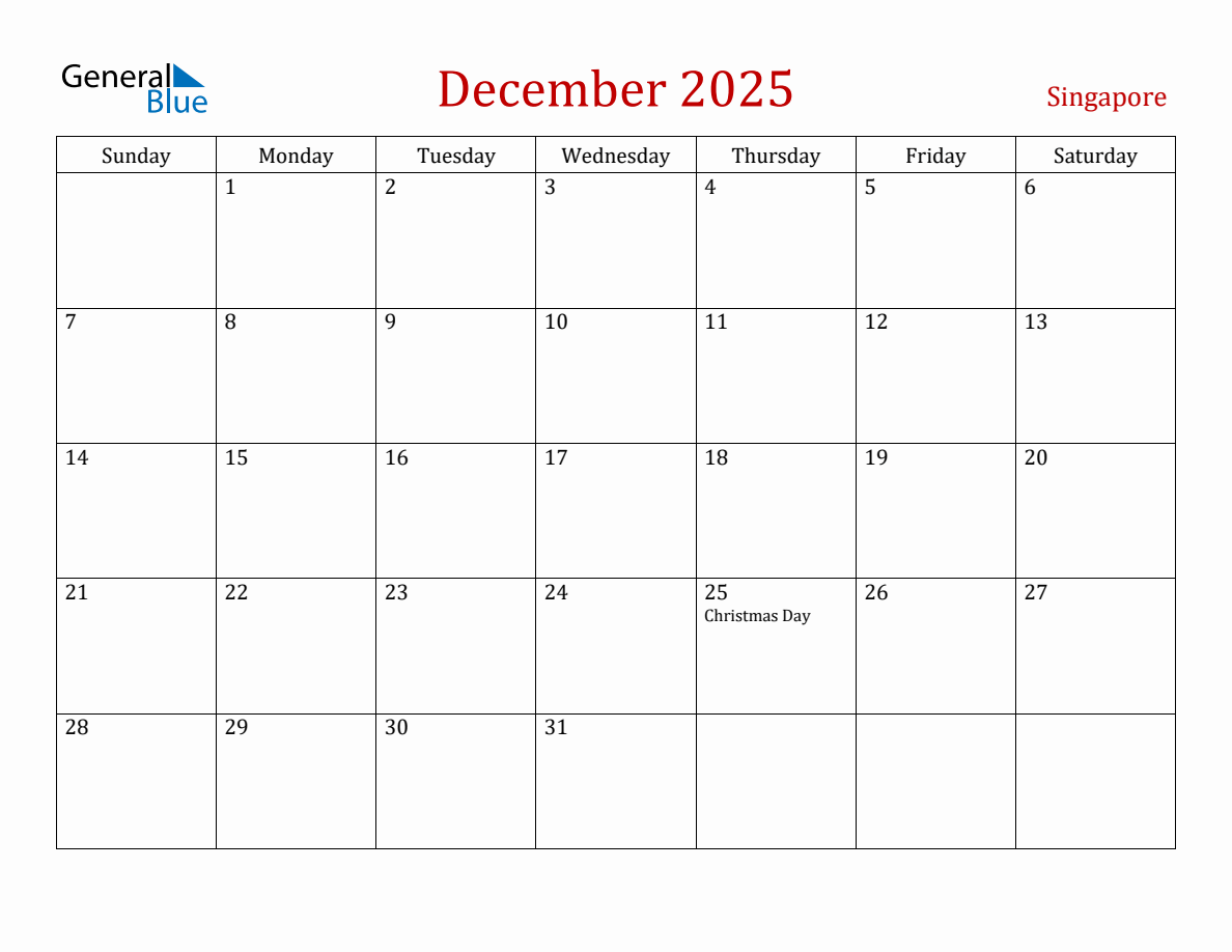 December 2025 Singapore Monthly Calendar with Holidays
