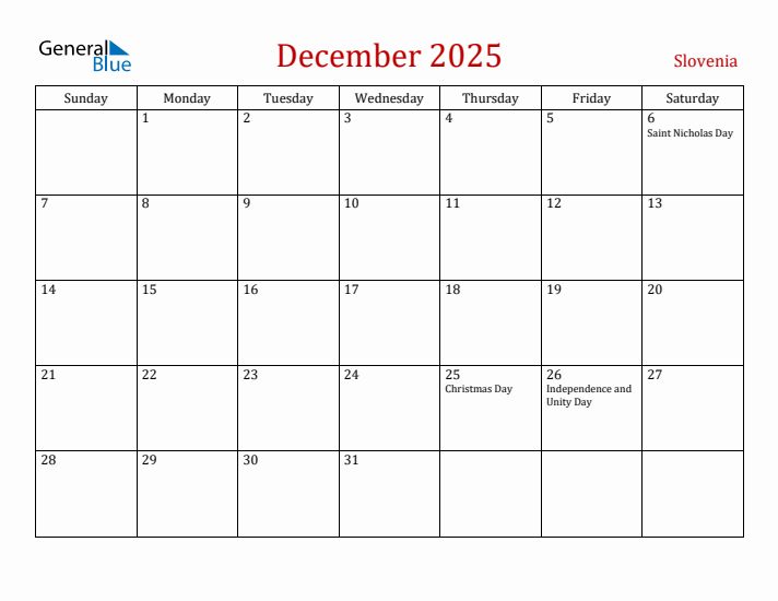 Slovenia December 2025 Calendar - Sunday Start