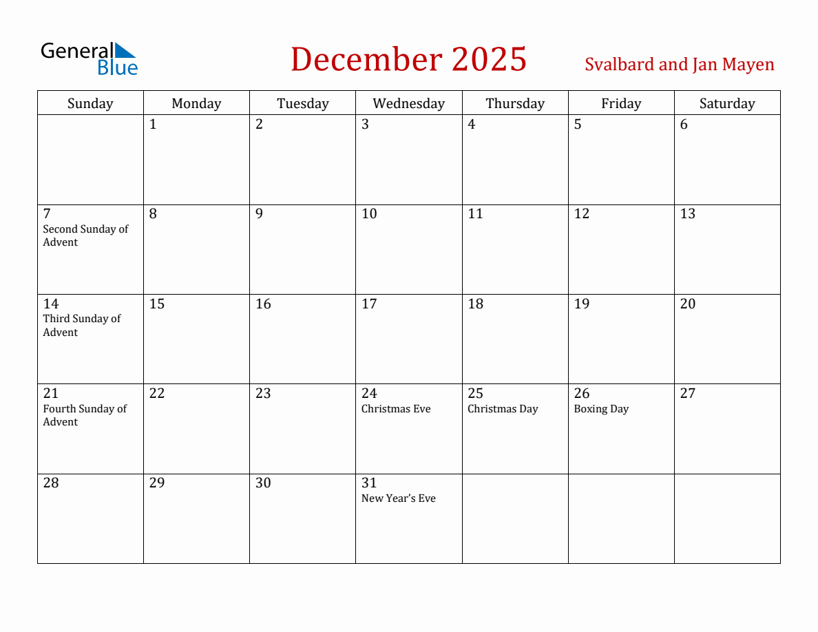 December 2025 Svalbard and Jan Mayen Monthly Calendar with Holidays