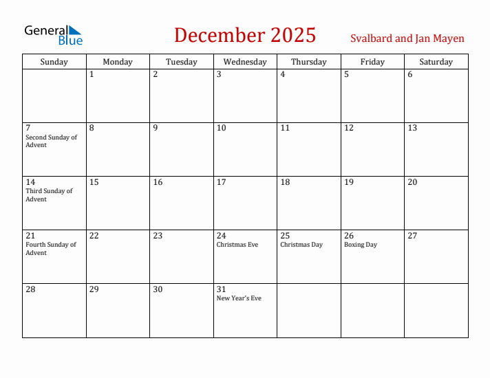 Svalbard and Jan Mayen December 2025 Calendar - Sunday Start