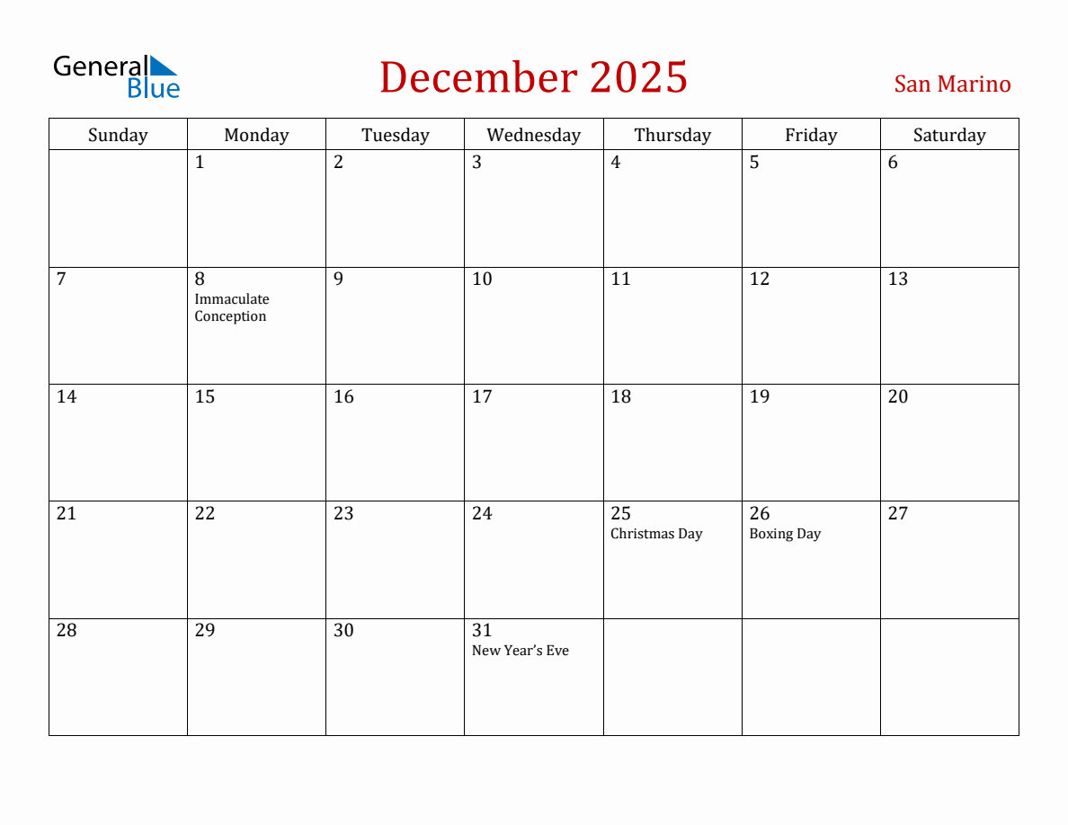 December 2025 San Marino Monthly Calendar with Holidays