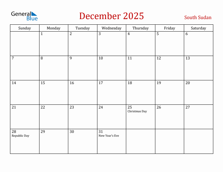 South Sudan December 2025 Calendar - Sunday Start
