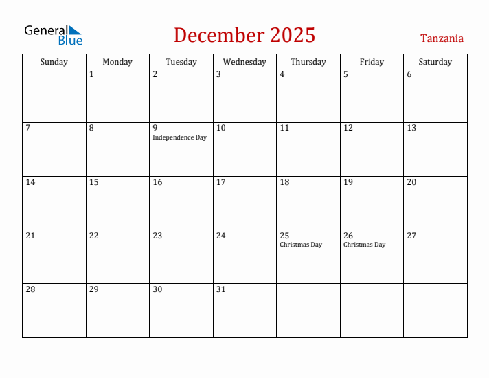 Tanzania December 2025 Calendar - Sunday Start