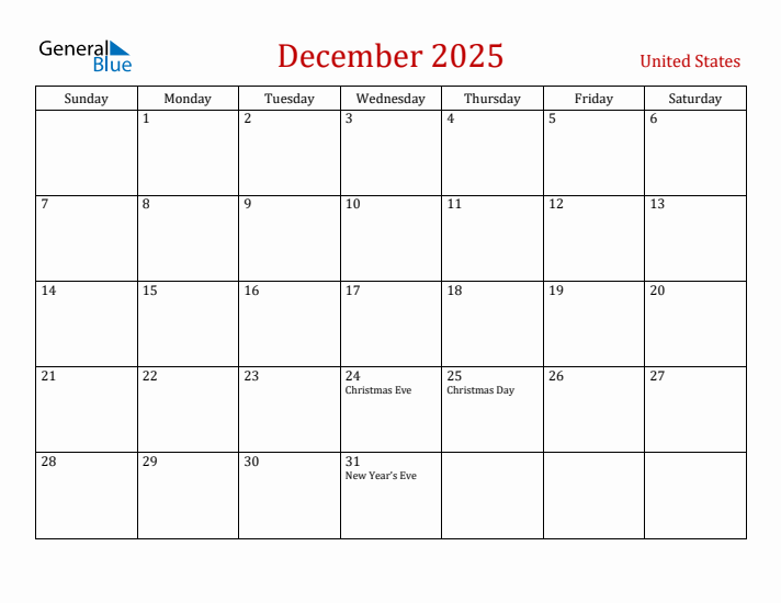 United States December 2025 Calendar - Sunday Start