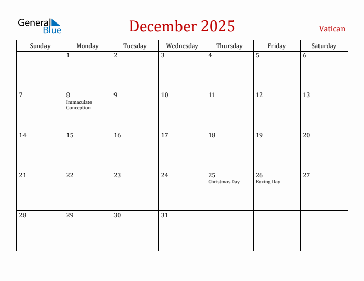 Vatican December 2025 Calendar - Sunday Start