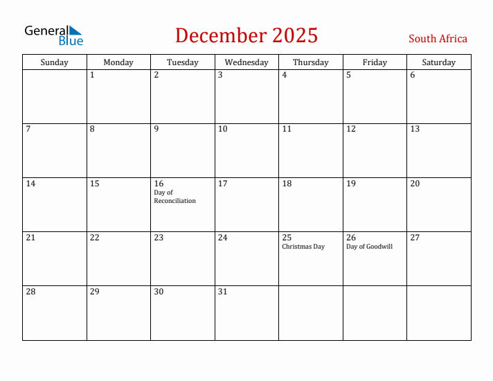 South Africa December 2025 Calendar - Sunday Start