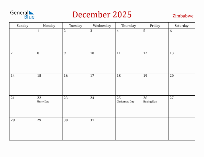 Zimbabwe December 2025 Calendar - Sunday Start