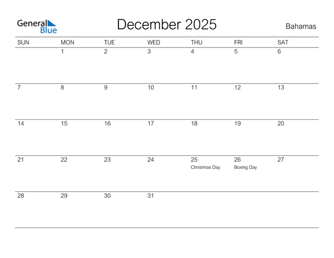 December 2025 Calendar with Bahamas Holidays