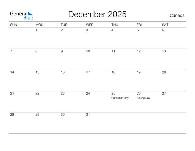 December 2025 Calendar Canada 