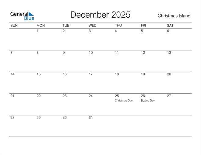 December 2025 Calendar with Christmas Island Holidays