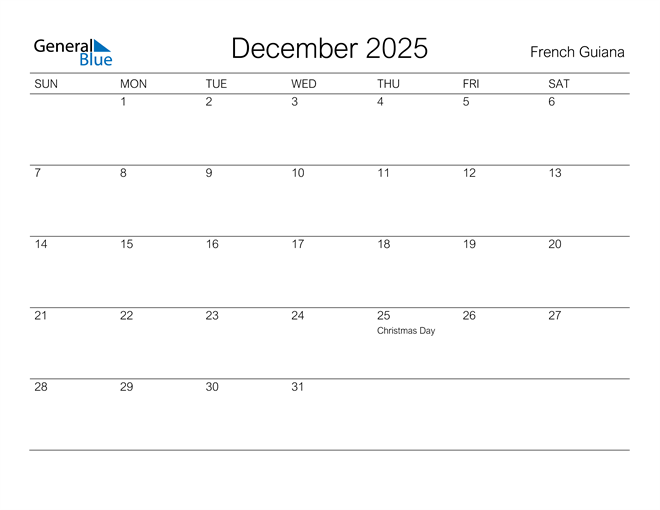 Printable December 2025 Calendar for French Guiana