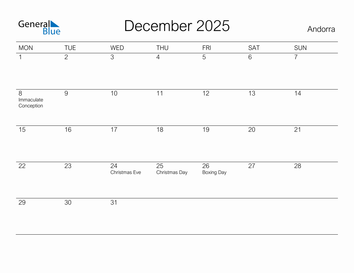 Printable December 2025 Monthly Calendar with Holidays for Andorra