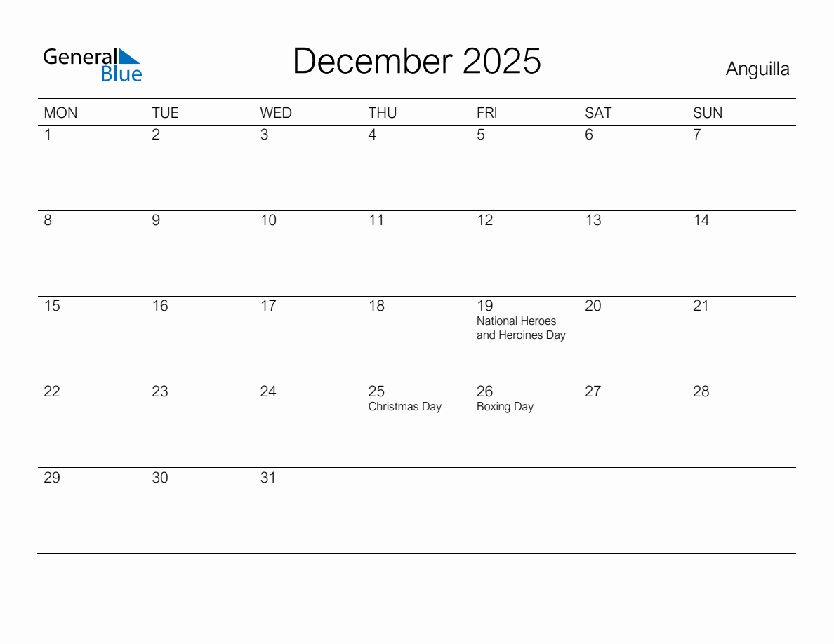 Printable December 2025 Monthly Calendar with Holidays for Anguilla