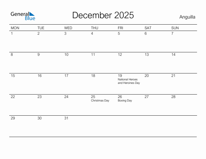 Printable December 2025 Calendar for Anguilla