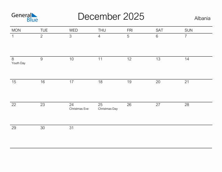 Printable December 2025 Calendar for Albania