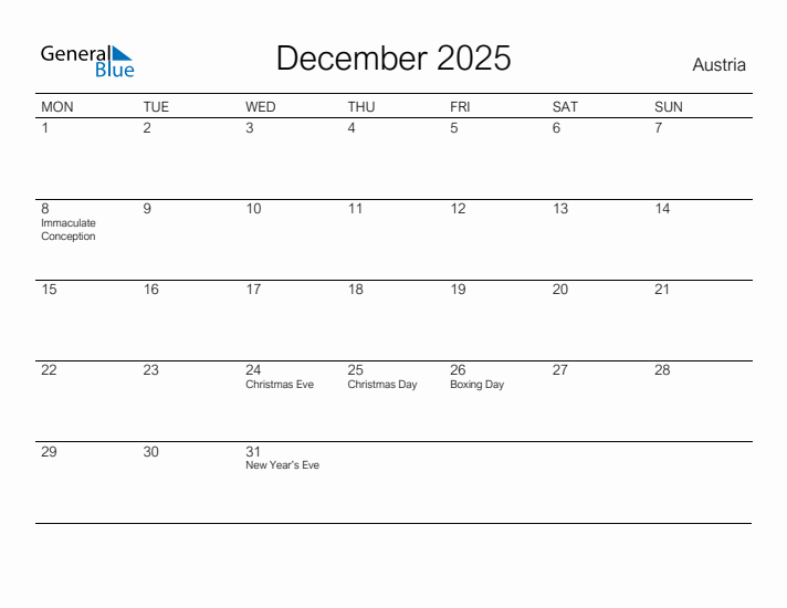 Printable December 2025 Calendar for Austria