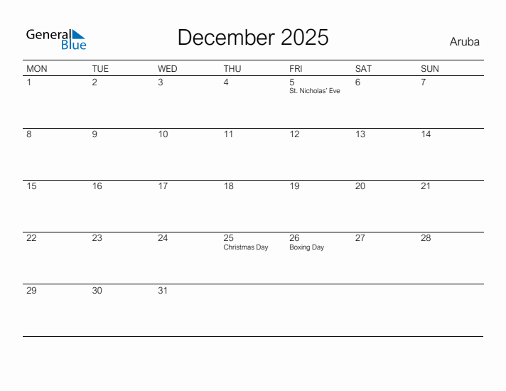 Printable December 2025 Calendar for Aruba