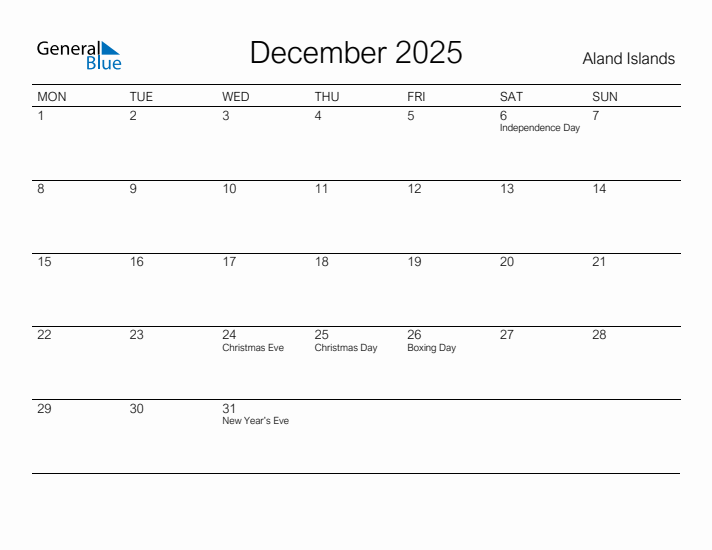 Printable December 2025 Calendar for Aland Islands