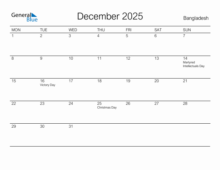 Printable December 2025 Calendar for Bangladesh