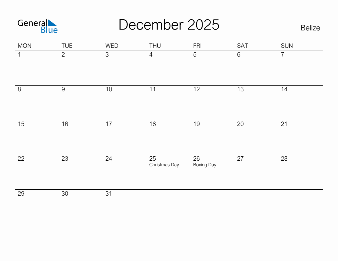 Printable December 2025 Monthly Calendar with Holidays for Belize