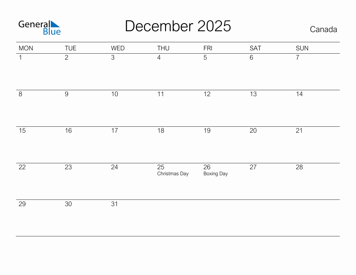 Printable December 2025 Monthly Calendar with Holidays for Canada