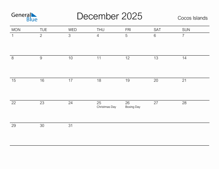 Printable December 2025 Calendar for Cocos Islands