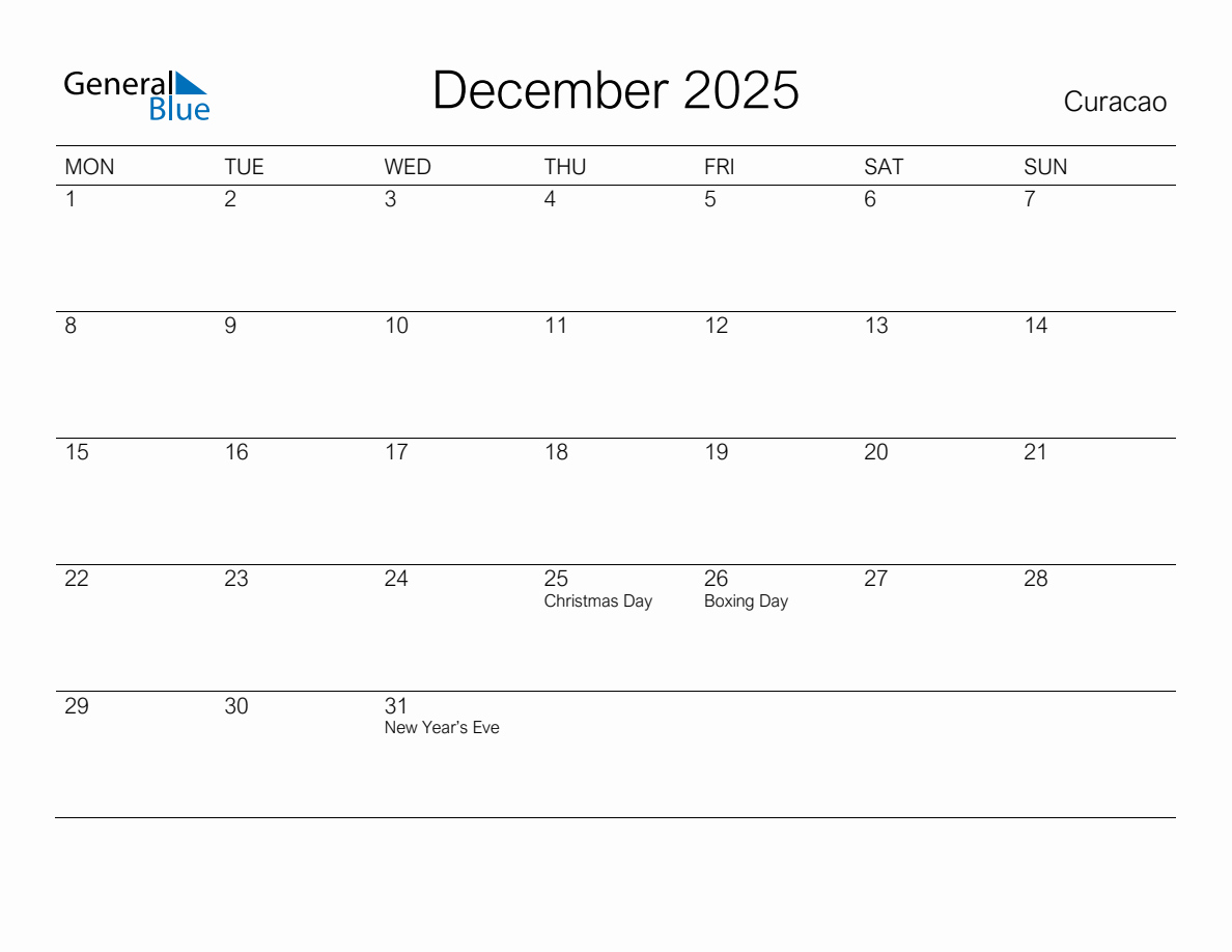 Printable December 2025 Monthly Calendar with Holidays for Curacao