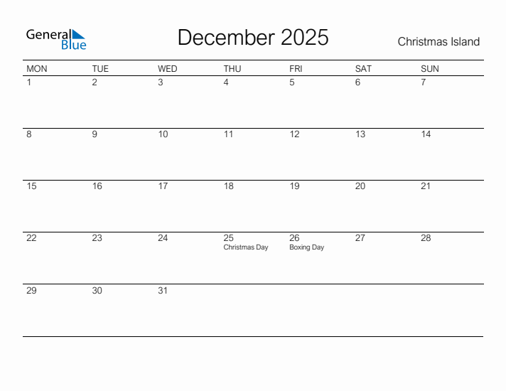 Printable December 2025 Calendar for Christmas Island