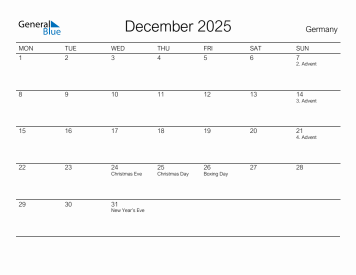 Printable December 2025 Calendar for Germany