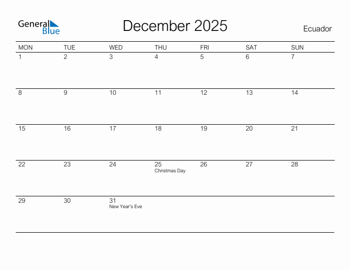 Printable December 2025 Calendar for Ecuador
