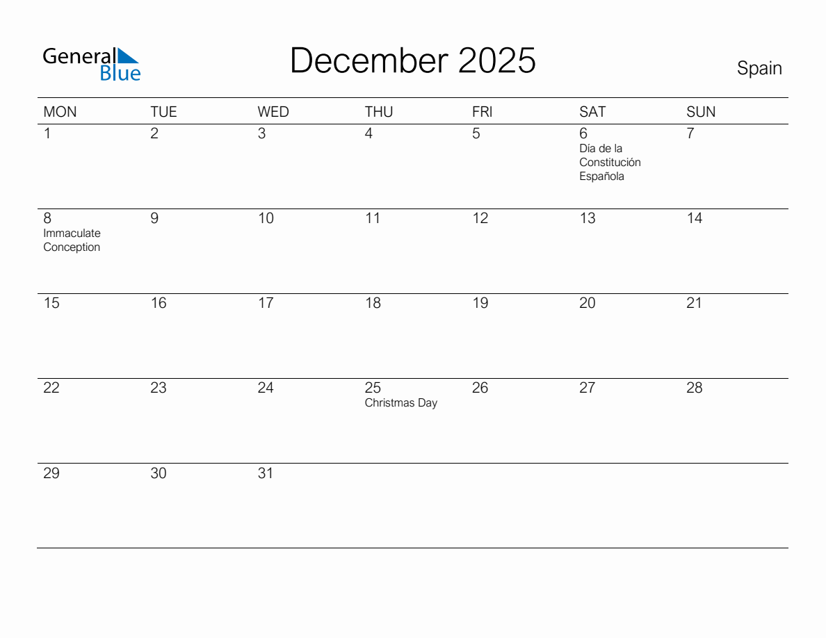 Printable December 2025 Monthly Calendar with Holidays for Spain