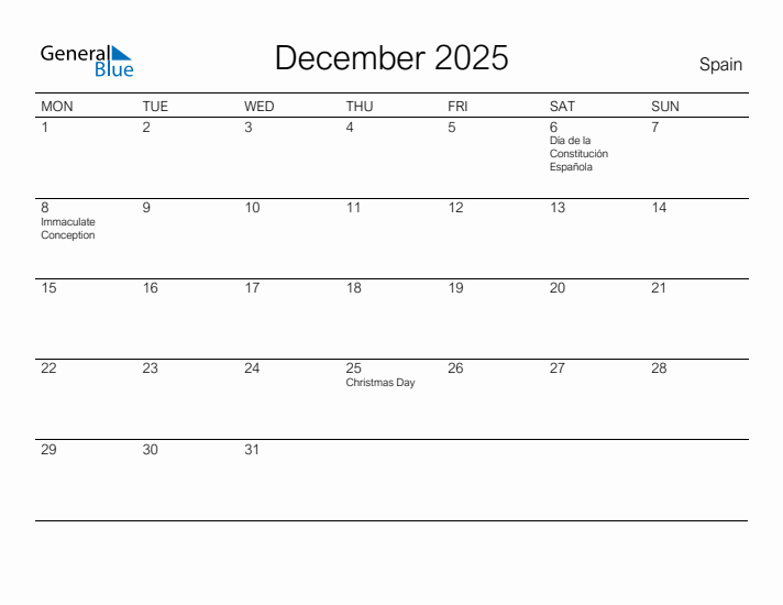 Printable December 2025 Calendar for Spain