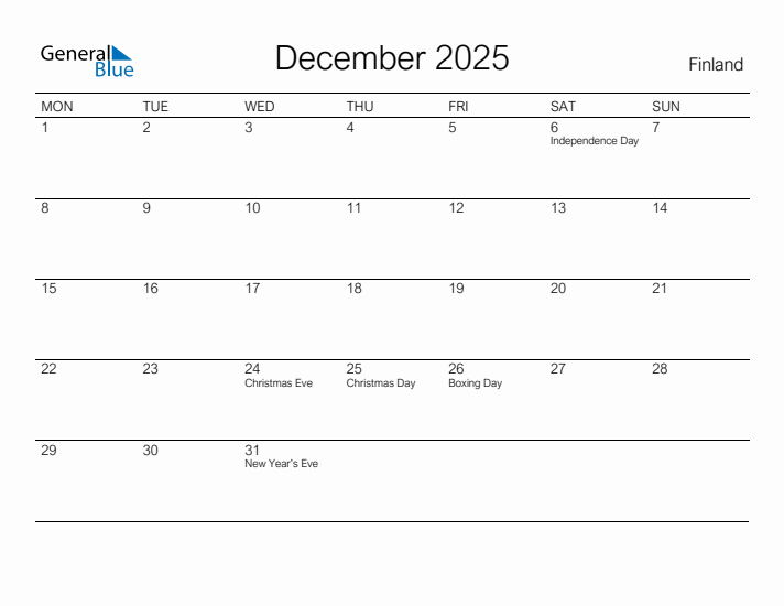 Printable December 2025 Calendar for Finland