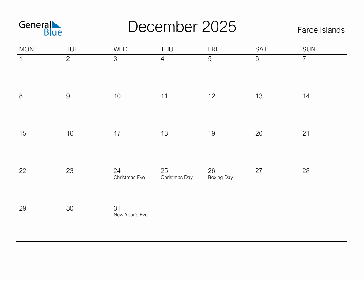 Printable December 2025 Monthly Calendar with Holidays for Faroe Islands